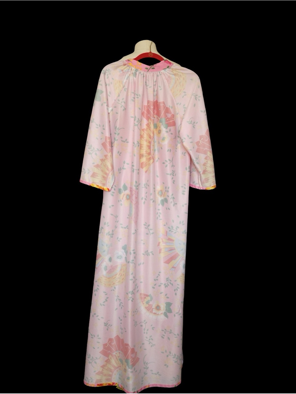 1970s Pink Japanese Fan Floral Housedress Maxi Robe Kaftan Tie Neck Vintage - Picture 5 of 14